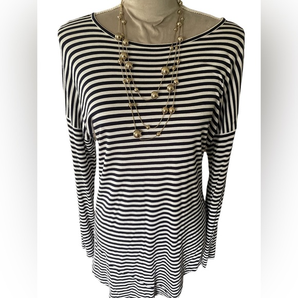 CAbi Boat Stripes Navy/White Nautical Asymmetrical Long Sleeve Tee - Picture 3 of 9